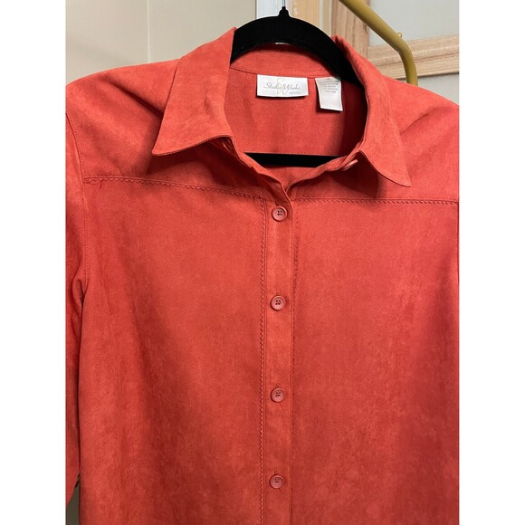 Studio Works Button Down Women Suede Shirt Autumn Orage Collared sz Petite M - Picture 8 of 8